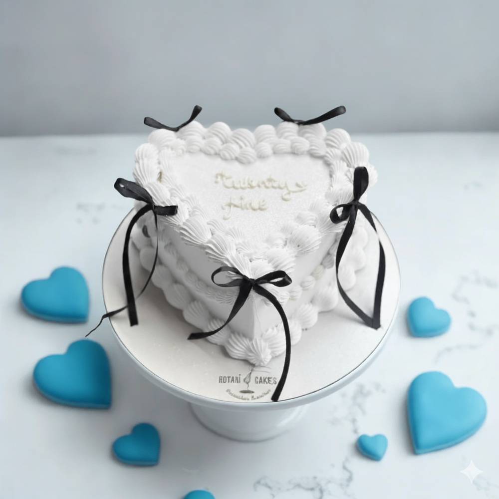 
                  
                    Heart-shaped white cake with black ribbons on a marble surface with blue heart decorations.
                  
                
