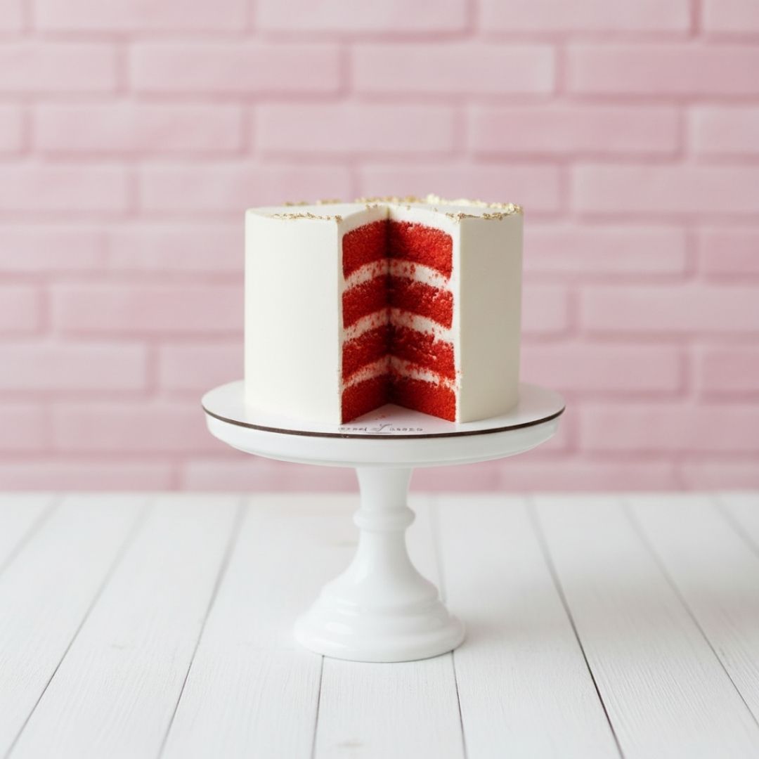 Red velvet cake with white frosting on a white cake stand against a pink brick wall.