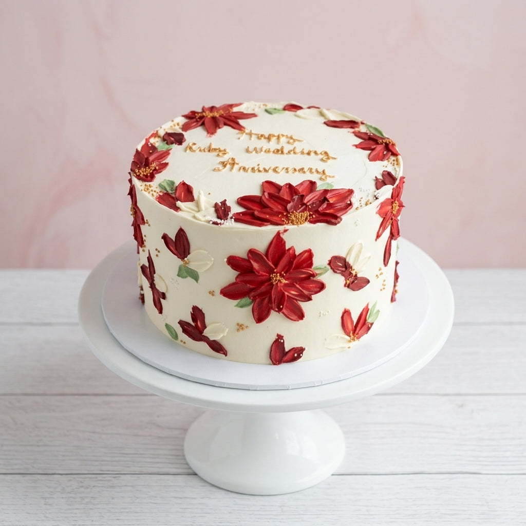 A round white-frosted cake with red flower decorations and gold icing writing that reads 'Happy Wedding Anniversary,' displayed on a white cake stand against a pale pink wall and light wood surface.