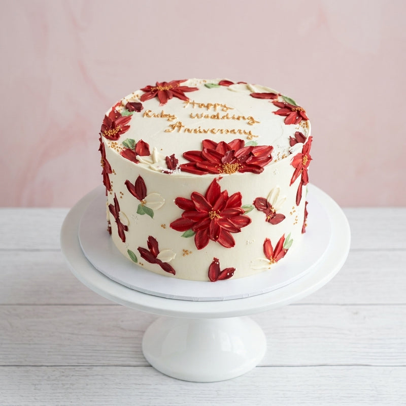 A round white-frosted cake with red flower decorations and gold icing writing that reads 'Happy Wedding Anniversary,' displayed on a white cake stand against a pale pink wall and light wood surface.
