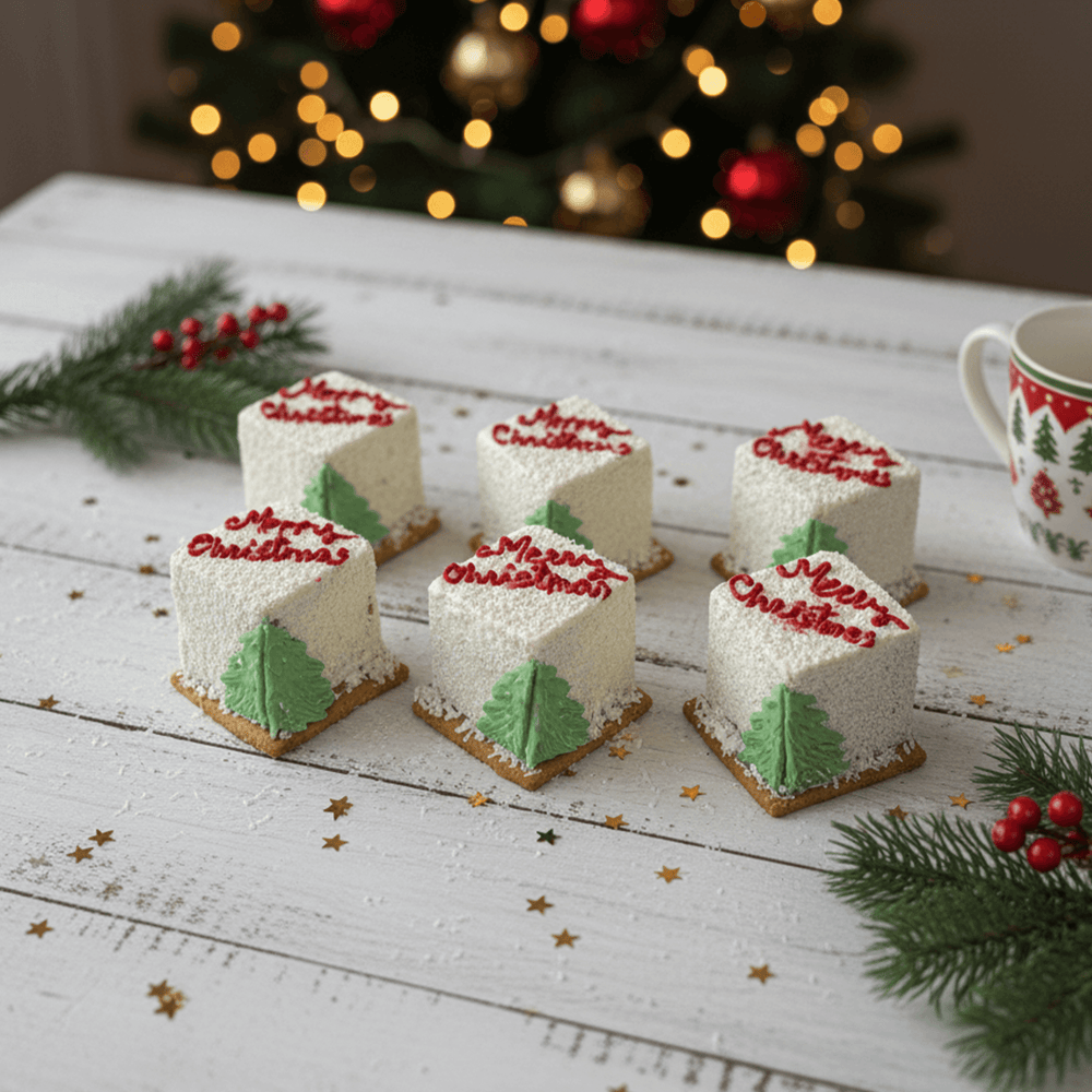 
                  
                    christmas desserts in white colour with red writing of merry christmas and christmas tree on the cake perfect for christmas gift
                  
                