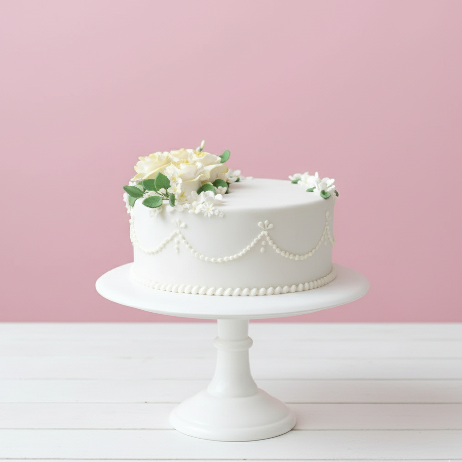 White cake with floral decorations for wedding on a white stand against a pink background