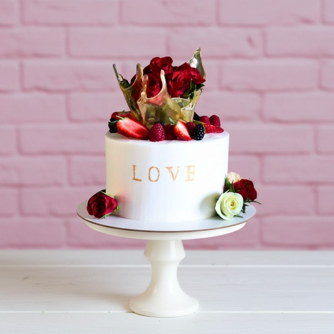 White cake with gold 'LOVE' text, red and white roses, and strawberries on a pink brick wall background.