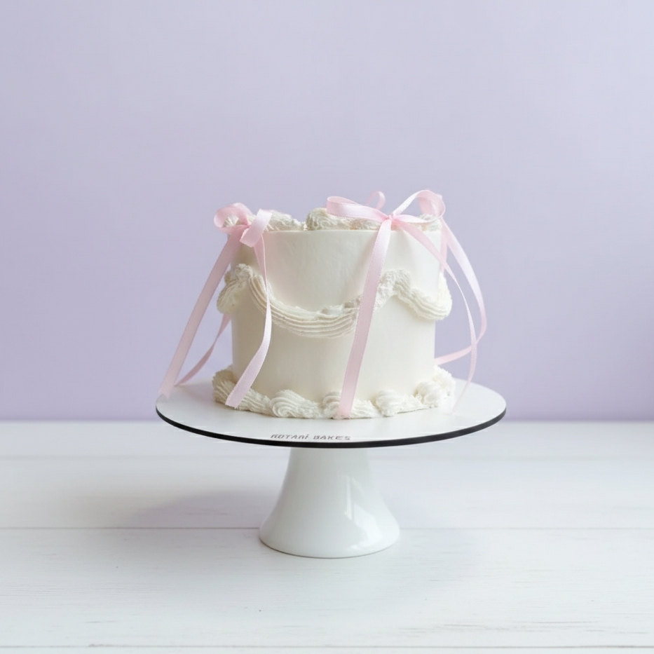 Mini White piping cake with pink ribbons on a white stand against a light purple background