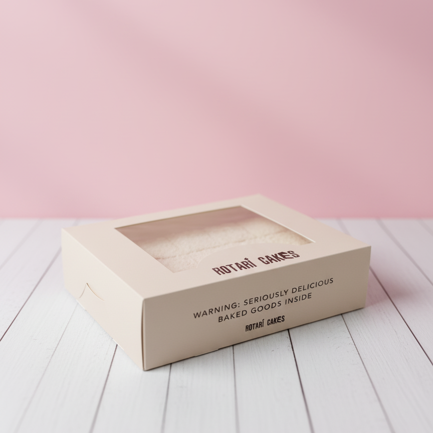 
                  
                    Box ofwhite snow Cakes on a white wooden surface with a pink background
                  
                