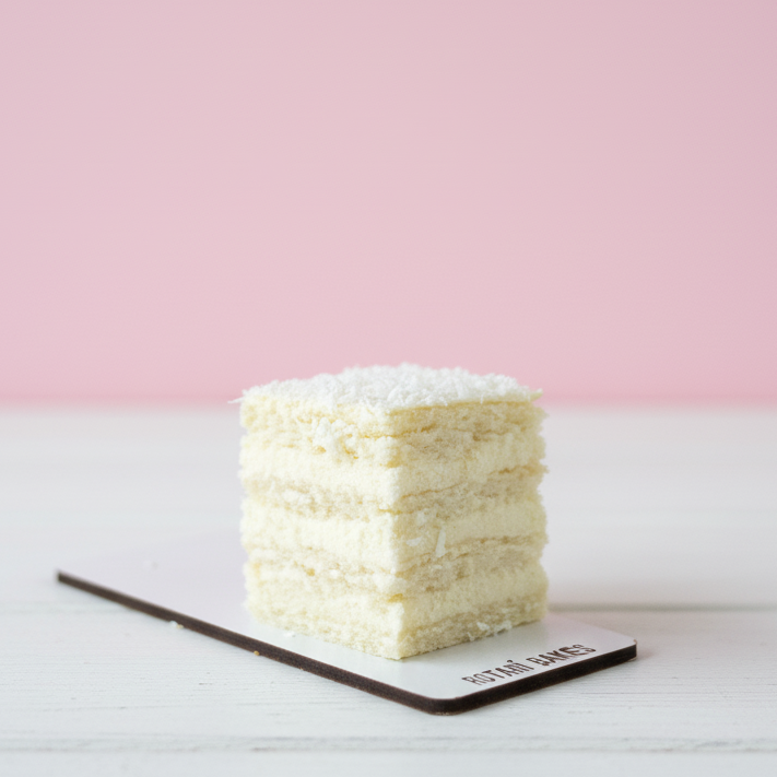 
                  
                    Stack of white layered cake on a black rectangular board with a pink background
                  
                