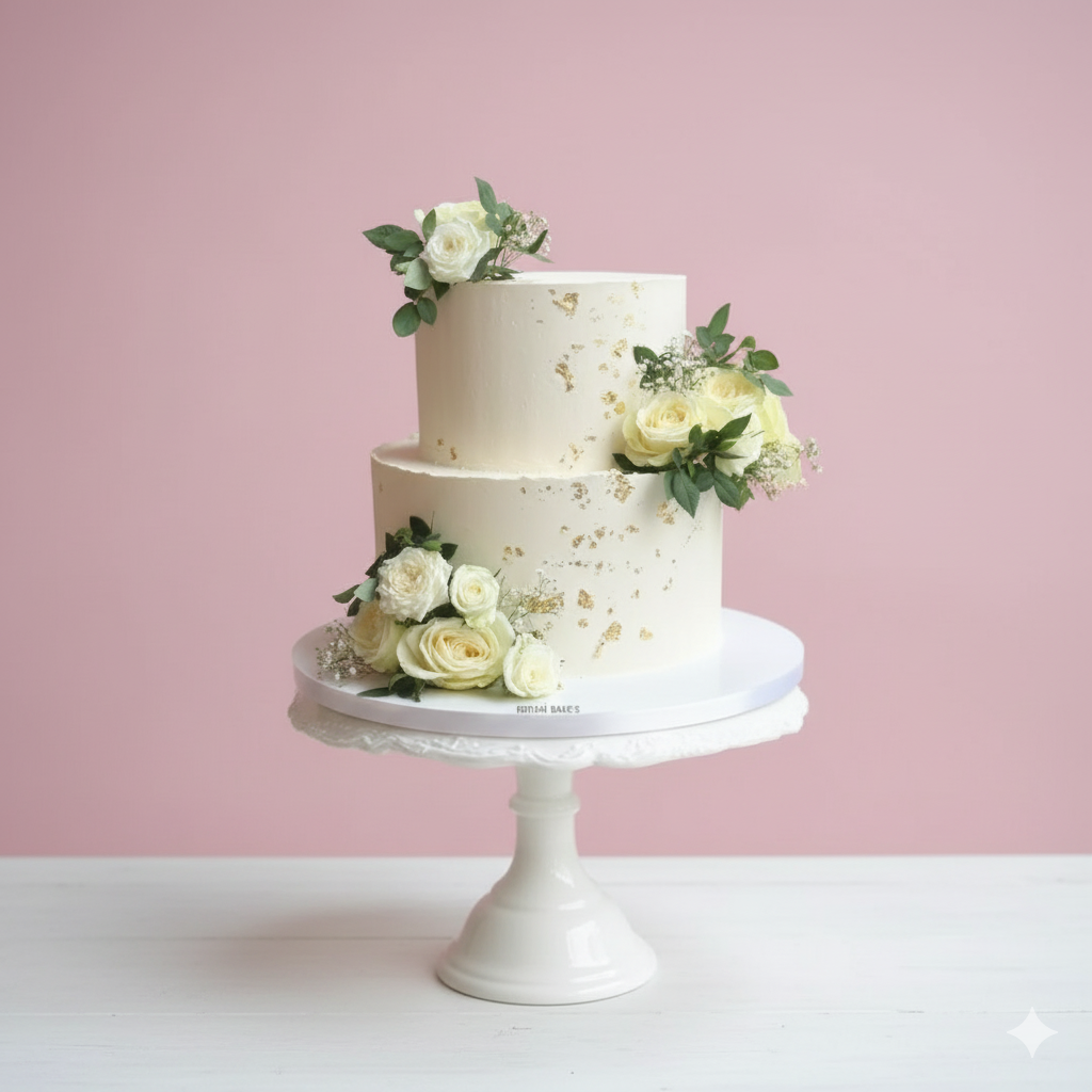 Two-tiered wedding cake with floral decorations on a pink background
