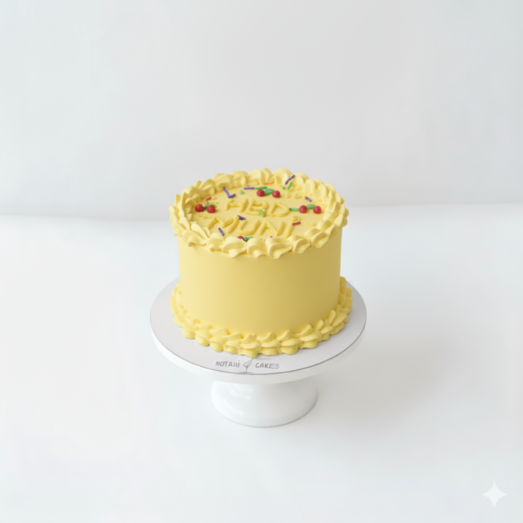 Yellow cake with sprinkles on a white cake stand against a white background