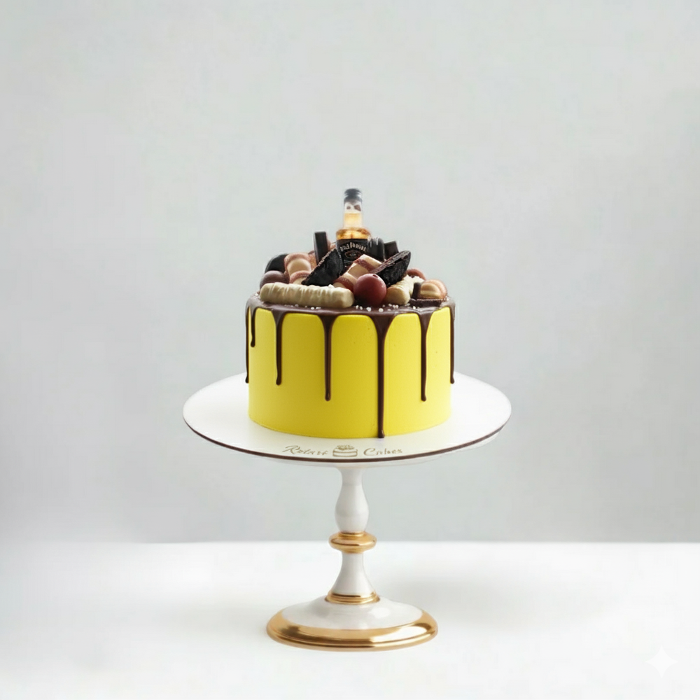 
                  
                    Yellow cake with chocolate drizzle and decorations on a white stand against a light gray background
                  
                