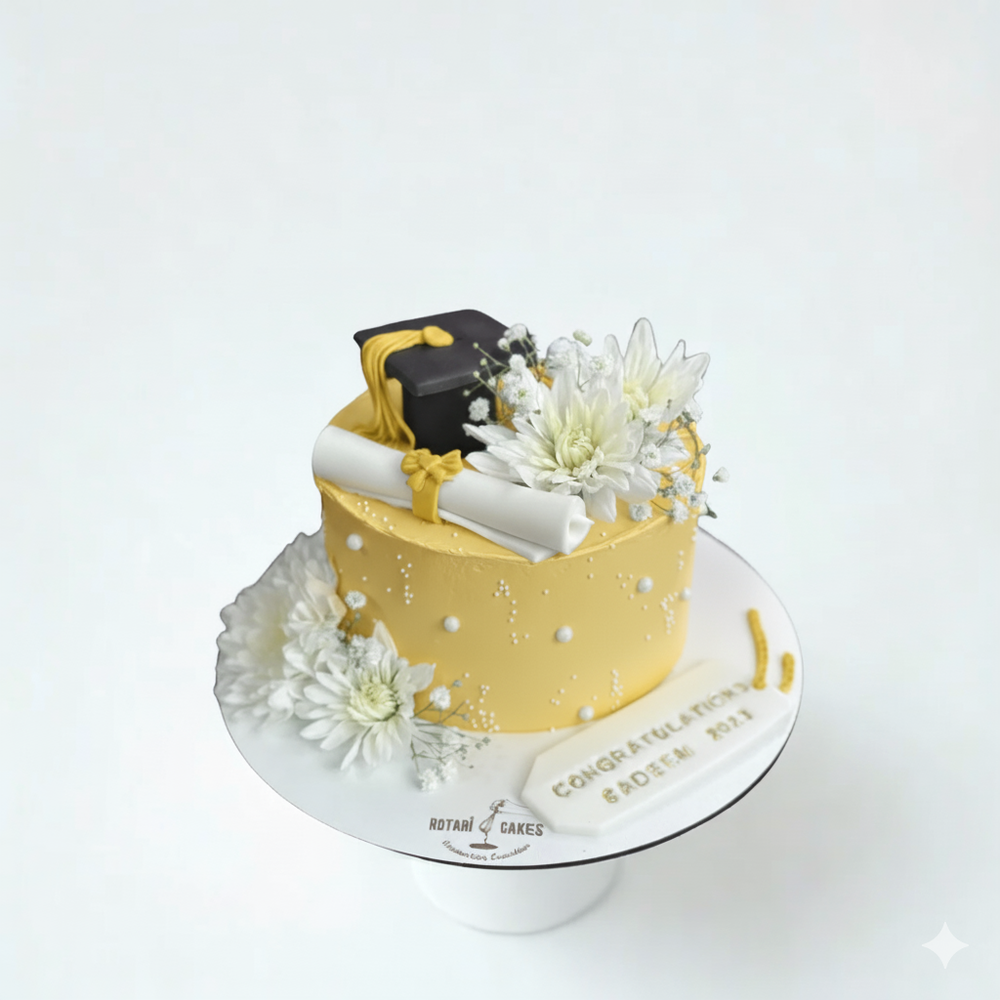 
                  
                    Graduation-themed cake with yellow icing, white flowers, and a black graduation cap on a white background.
                  
                