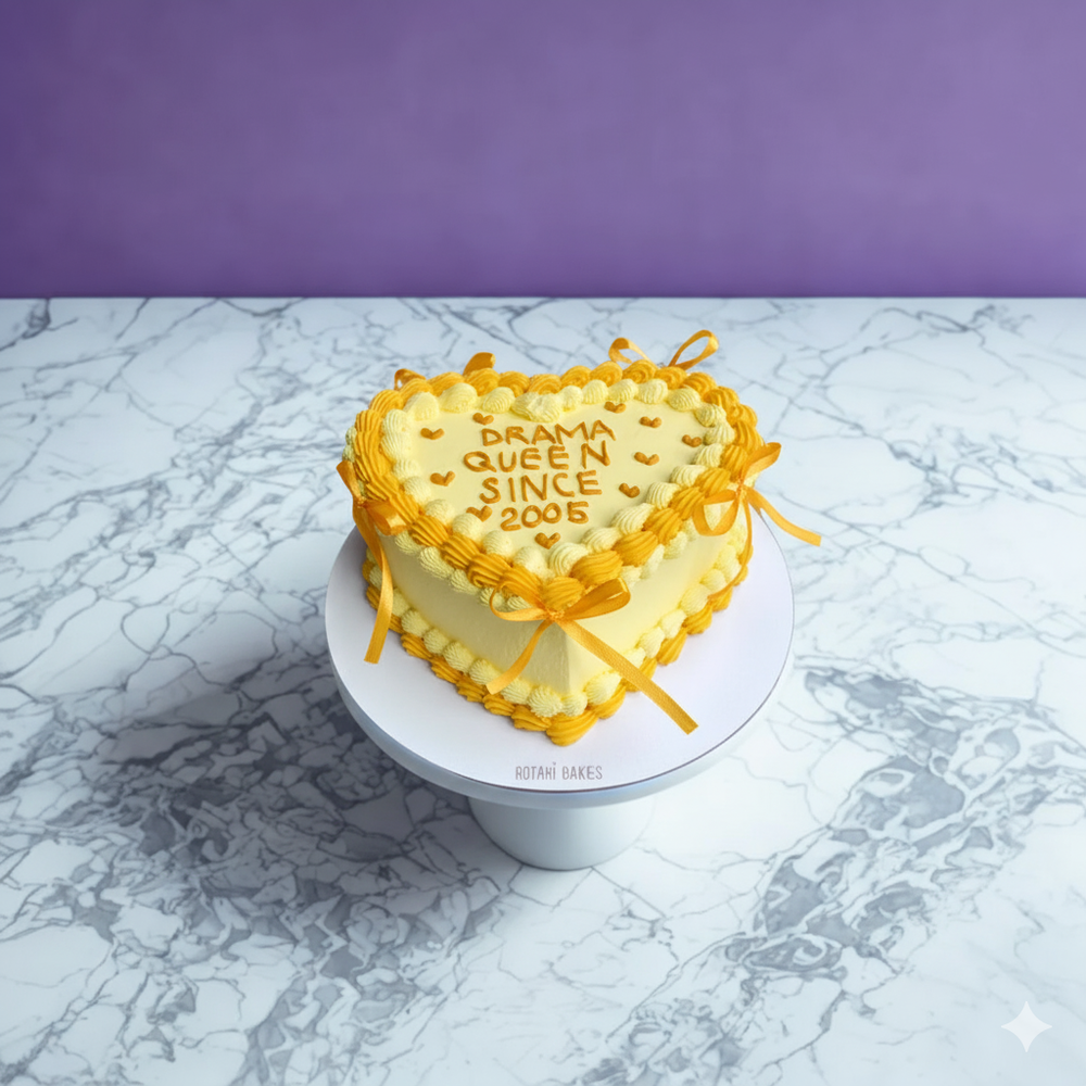 
                  
                    Heart-shaped cake with yellow icing and text on a marble surface with purple background
                  
                