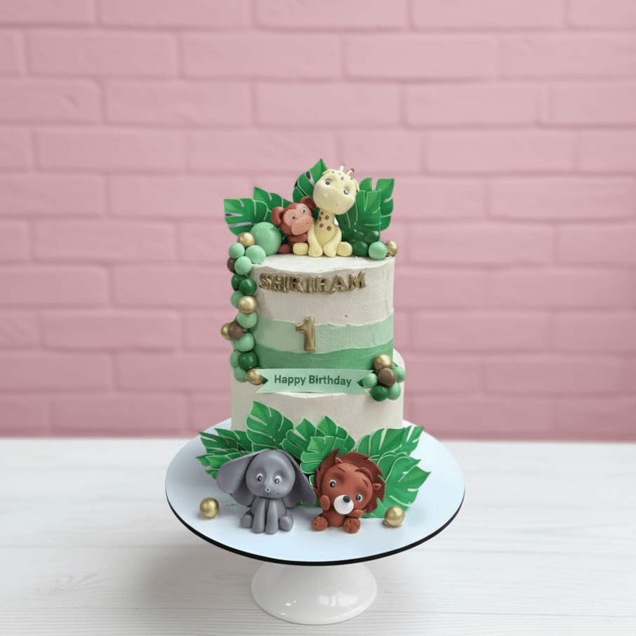 vegan cake two tiers with zoo figures and theme