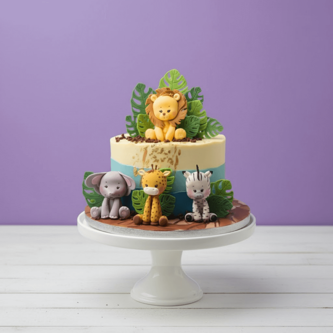 Decorative zoo cake with animal figurines on a white stand against a purple background